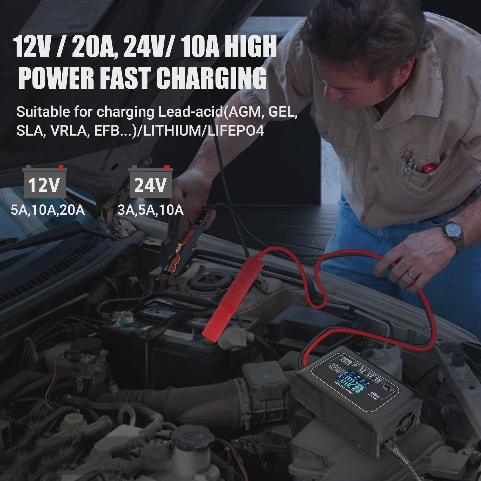 HTRC Slimme Acculader 12V/24V - Reparatie & Onderhoud voor Auto, Motor, AGM, Lithium