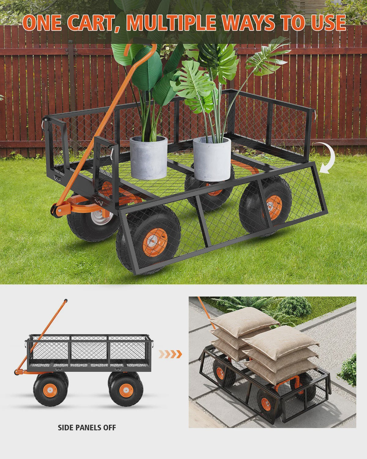 Robuuste Stalen Tuinwagen - 400kg Laadvermogen, Afneembare Zijden, All-Terrain Wielen