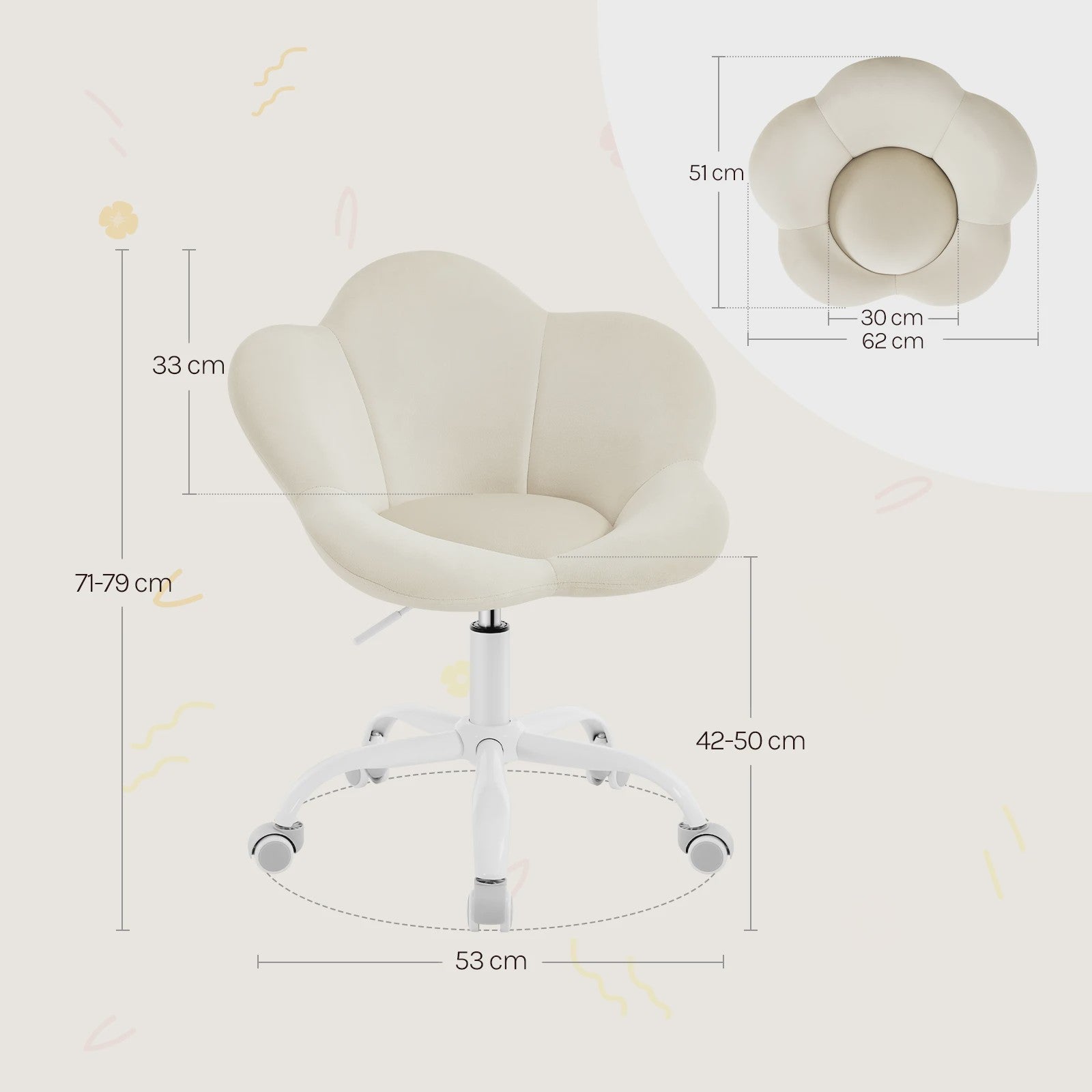 WOLTU Kinderbureau Stoel Velvet, Ergonomisch Draaibaar en In Hoogte Verstelbaar, Bloemen Design
