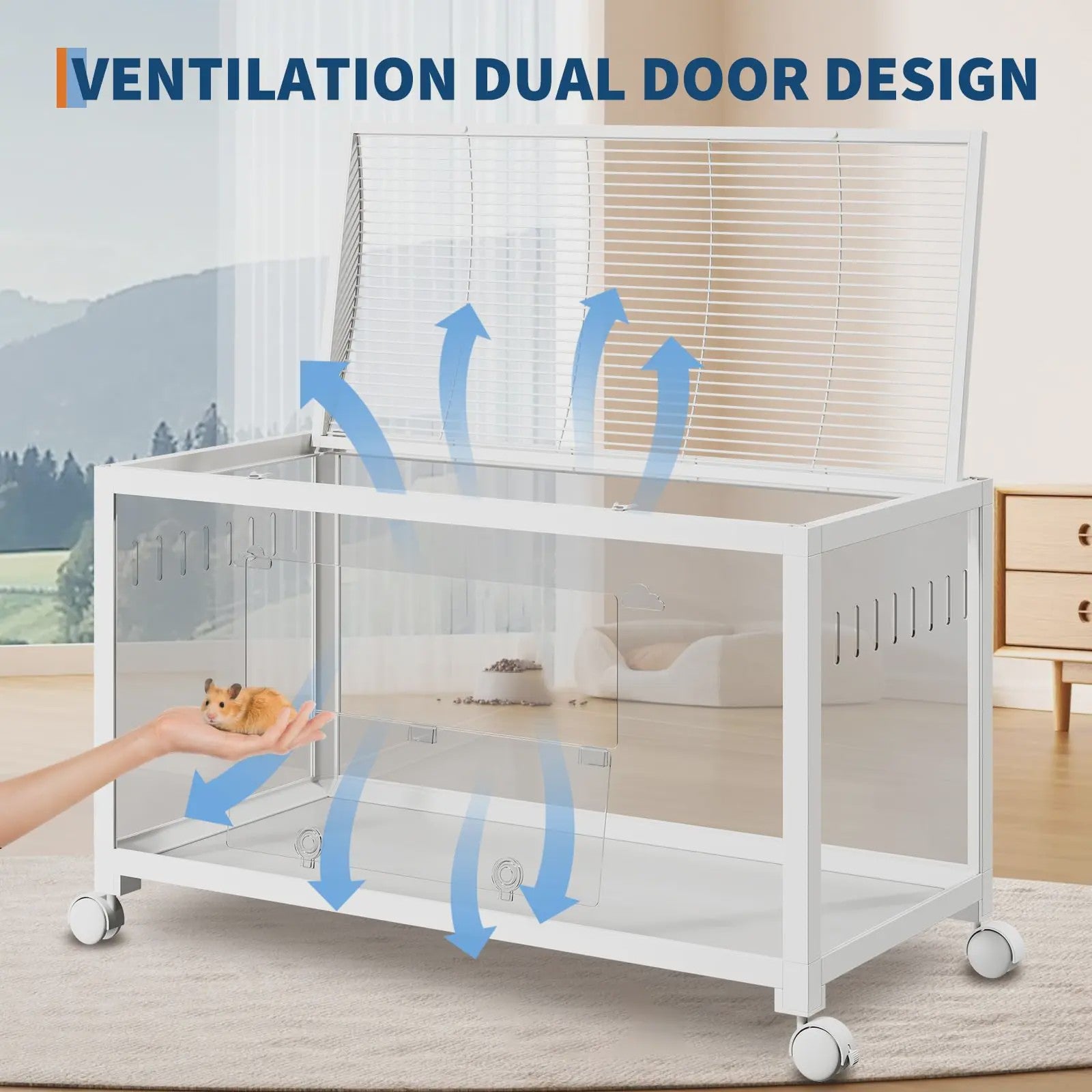 Stapelbare Metalen Knaagdierkooi met Wielen - Acryl Zijkanten, Dubbele Deuren & Grote Ventilatie