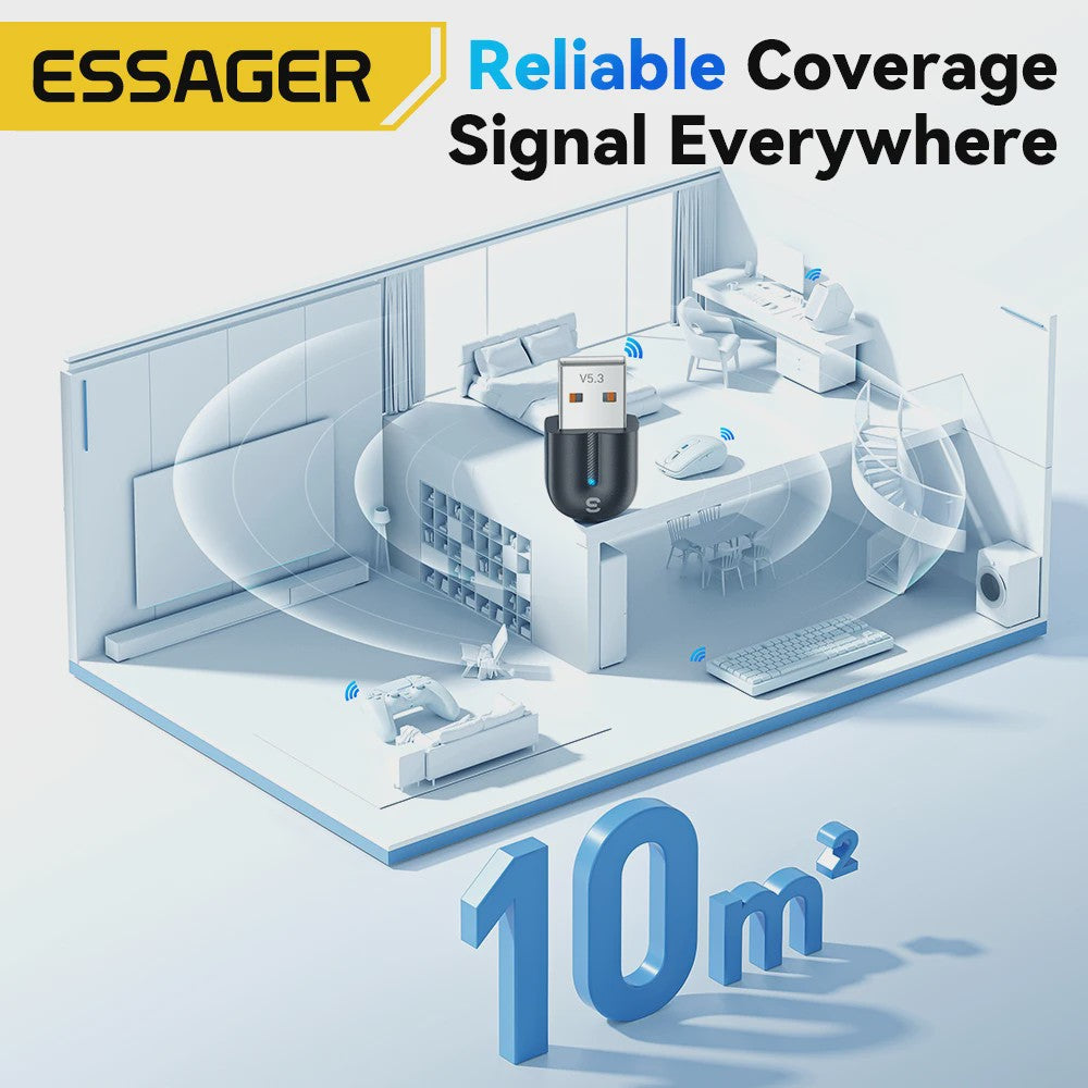 Essager Bluetooth 5.3 USB Adapter: Draadloze Audio & Randapparatuur voor PC/Laptop