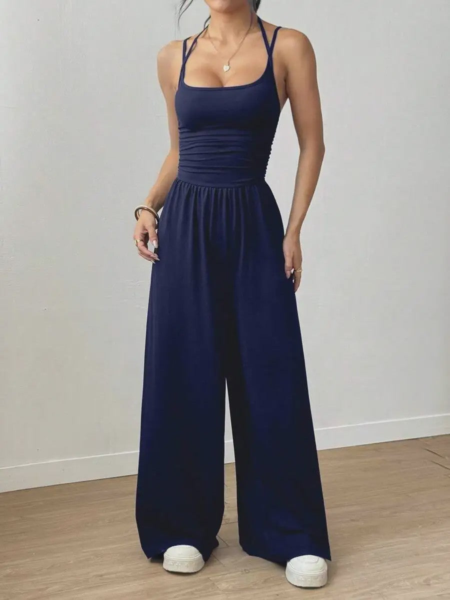 Zomerse Zwarte Jumpsuit met Losse Rechte Pijpen en Halternek