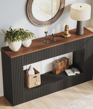 Moderne Console Tafel 140 cm Zwart met Houten Top - Stijlvolle Entree- en Banktafel