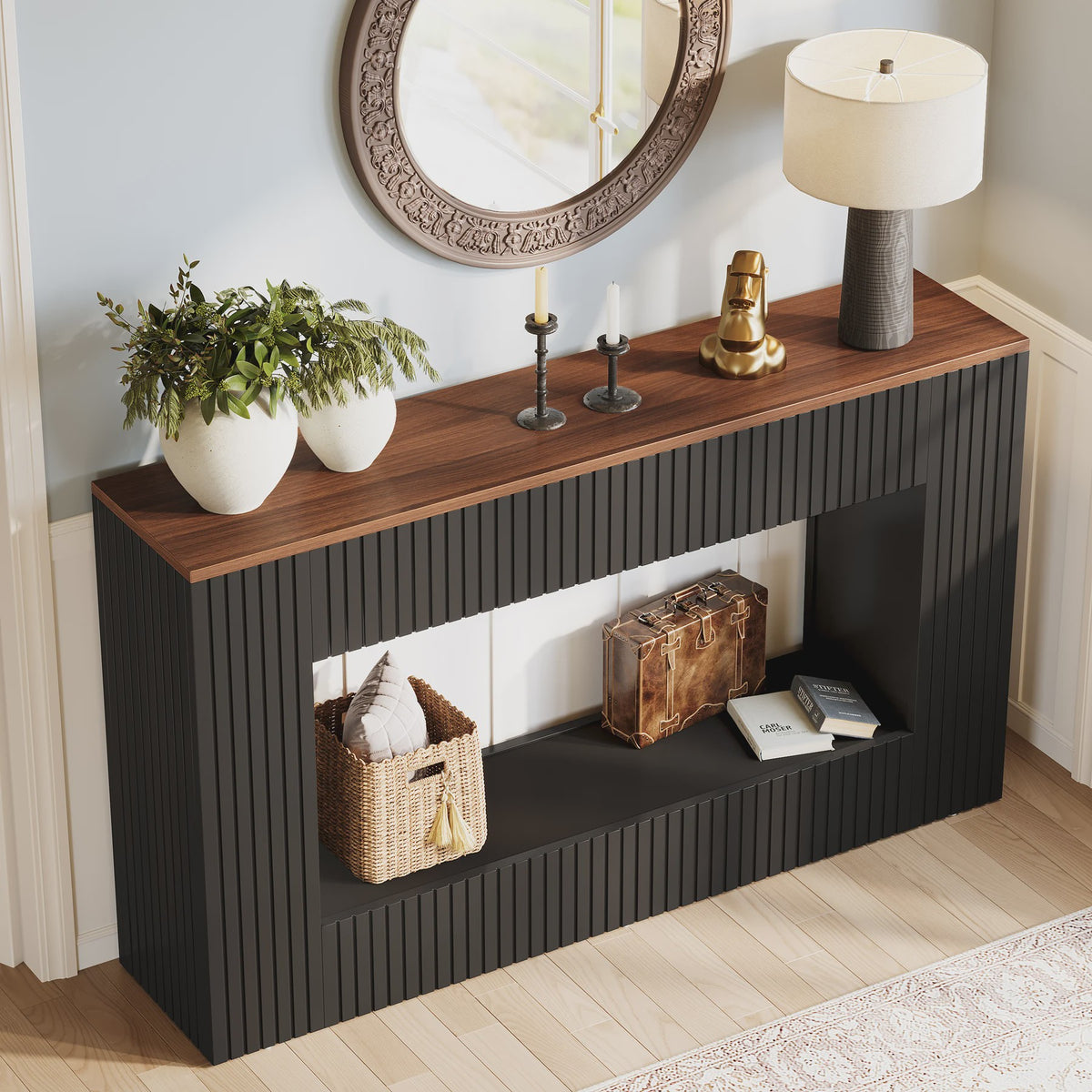 Moderne Console Tafel 140 cm Zwart met Houten Top - Stijlvolle Entree- en Banktafel