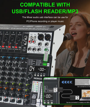 FULUODE X1-8C: Professionele 8-Kanaals Audio Mixer met 99 DSP Effecten, USB & Bluetooth