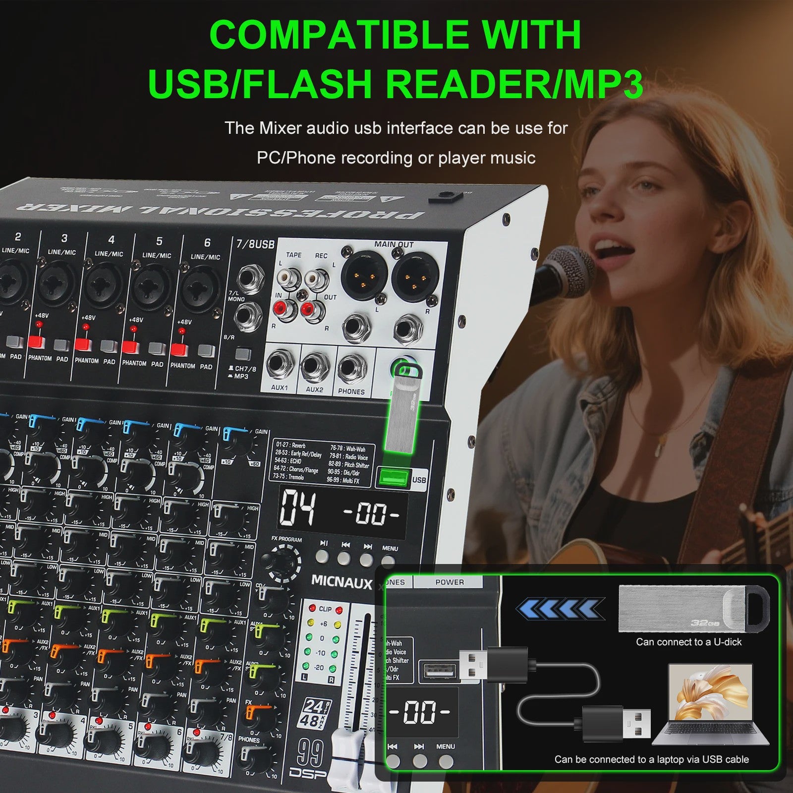 FULUODE X1-8C: Professionele 8-Kanaals Audio Mixer met 99 DSP Effecten, USB & Bluetooth