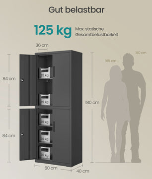 SONGMICS Metalen Archiefkast / Opbergkast - Zwart, 40x60x180 cm, 4 Deuren, 2 Slotjes