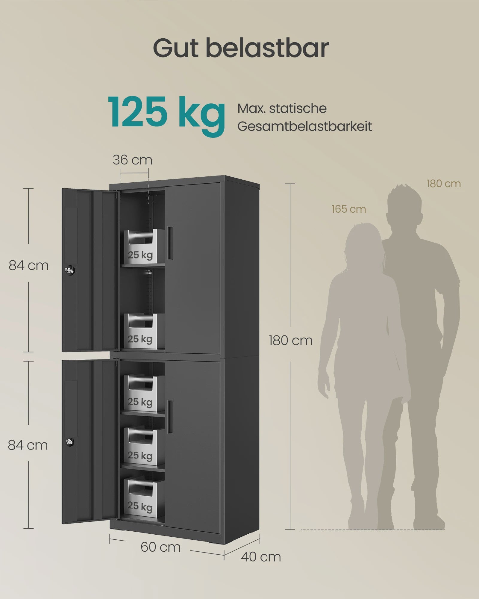 SONGMICS Metalen Archiefkast / Opbergkast - Zwart, 40x60x180 cm, 4 Deuren, 2 Slotjes