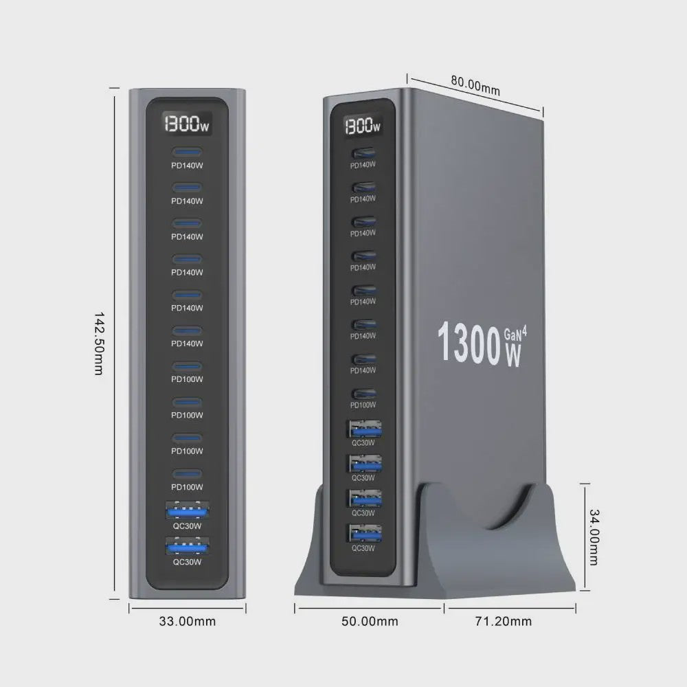 1300W GaN Desktop Snellader Station met Meerdere USB-C Poorten voor Laptops, Tablets & Smartphones