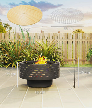 Outsunny 3-in-1 Vuurschaal met Grillrooster - Ø60cm - Vuurkorf, BBQ & Tuin Tafel