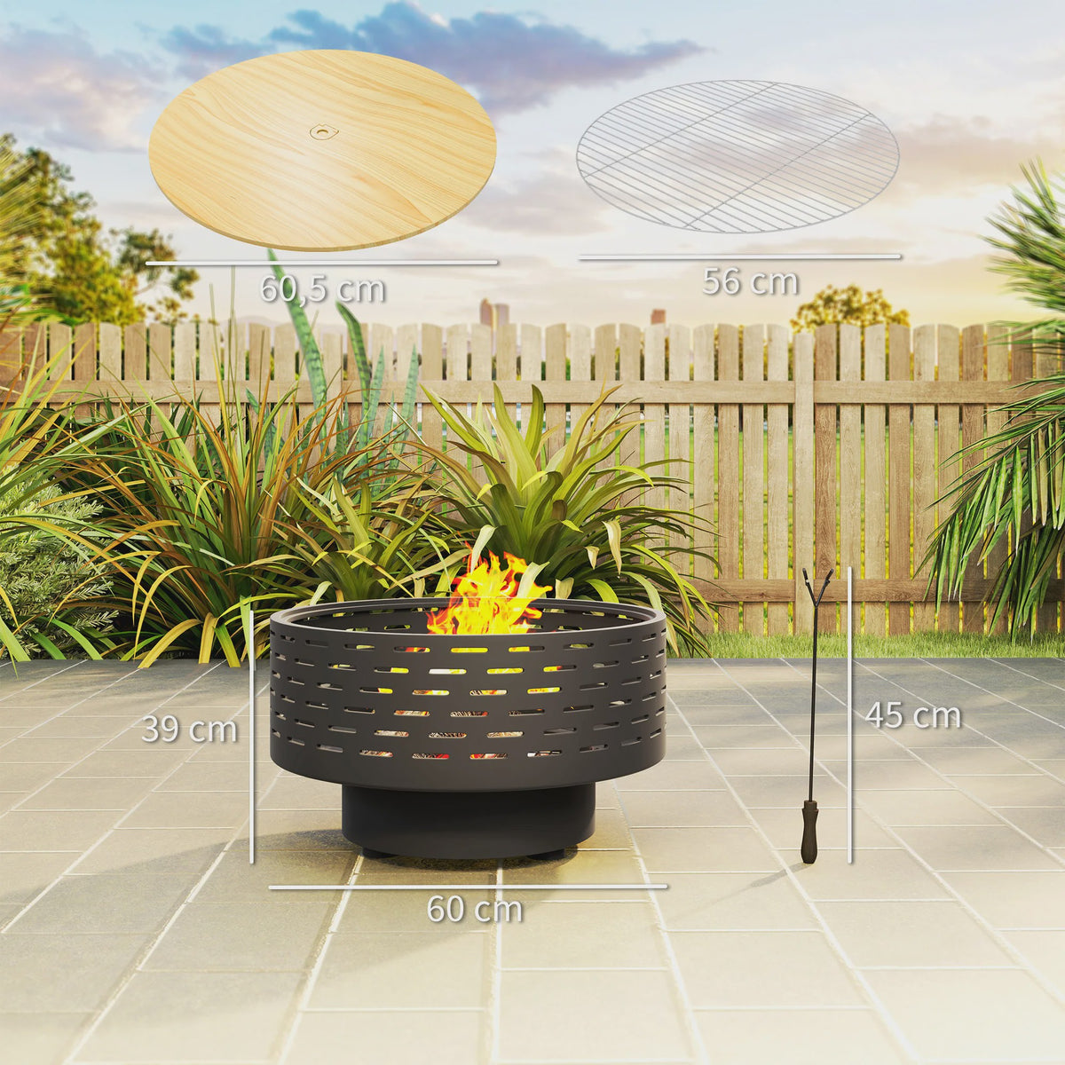 Outsunny 3-in-1 Vuurschaal met Grillrooster - Ø60cm - Vuurkorf, BBQ & Tuin Tafel