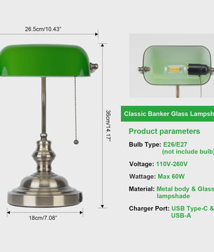 Groene Bankierslamp met 2 USB-poorten en Messing Voet - Klassiek Design, Moderne Functionaliteit
