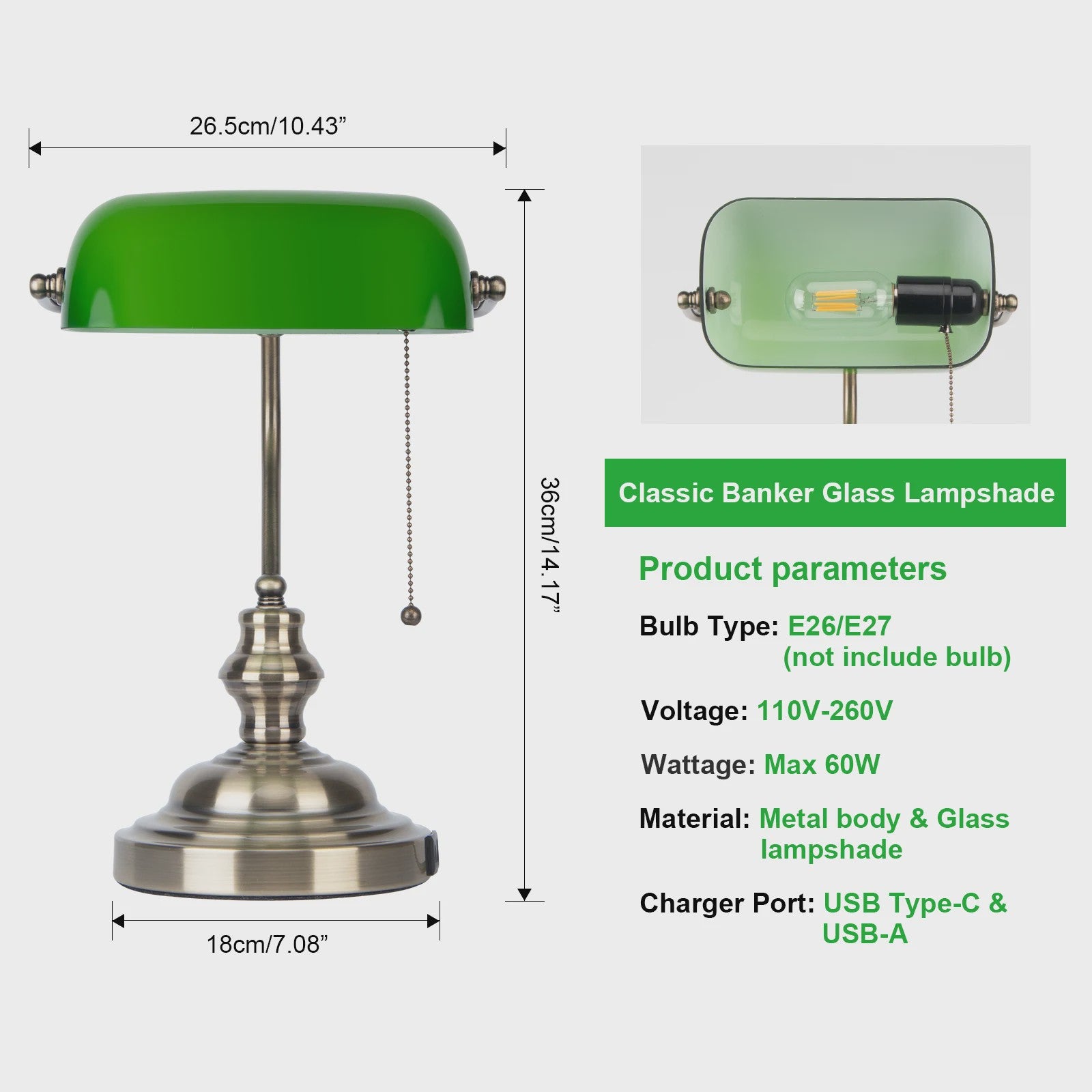 Groene Bankierslamp met 2 USB-poorten en Messing Voet - Klassiek Design, Moderne Functionaliteit
