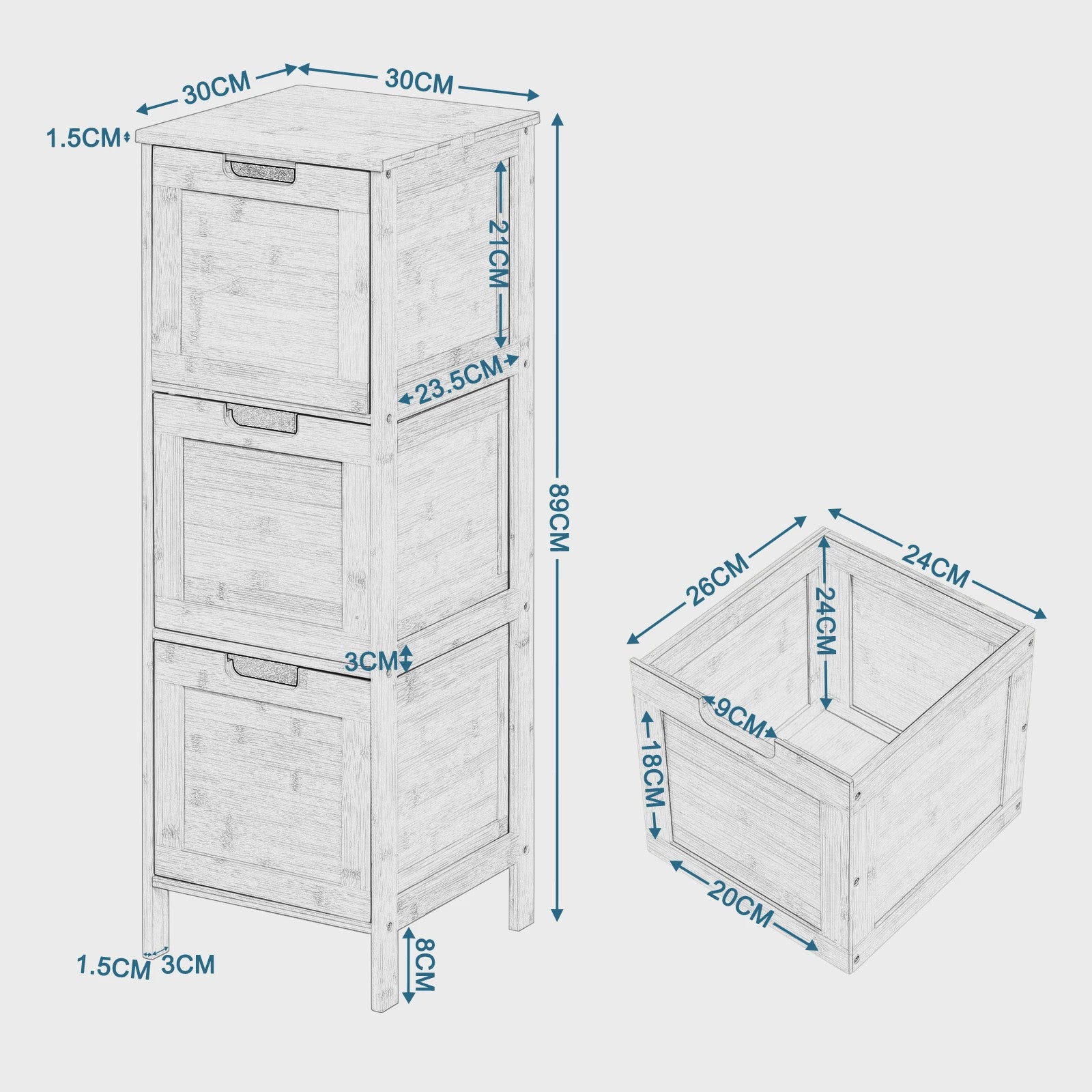Bamboe badkamerkast met 3 lades - 30x90x30cm - Staand opbergmeubel