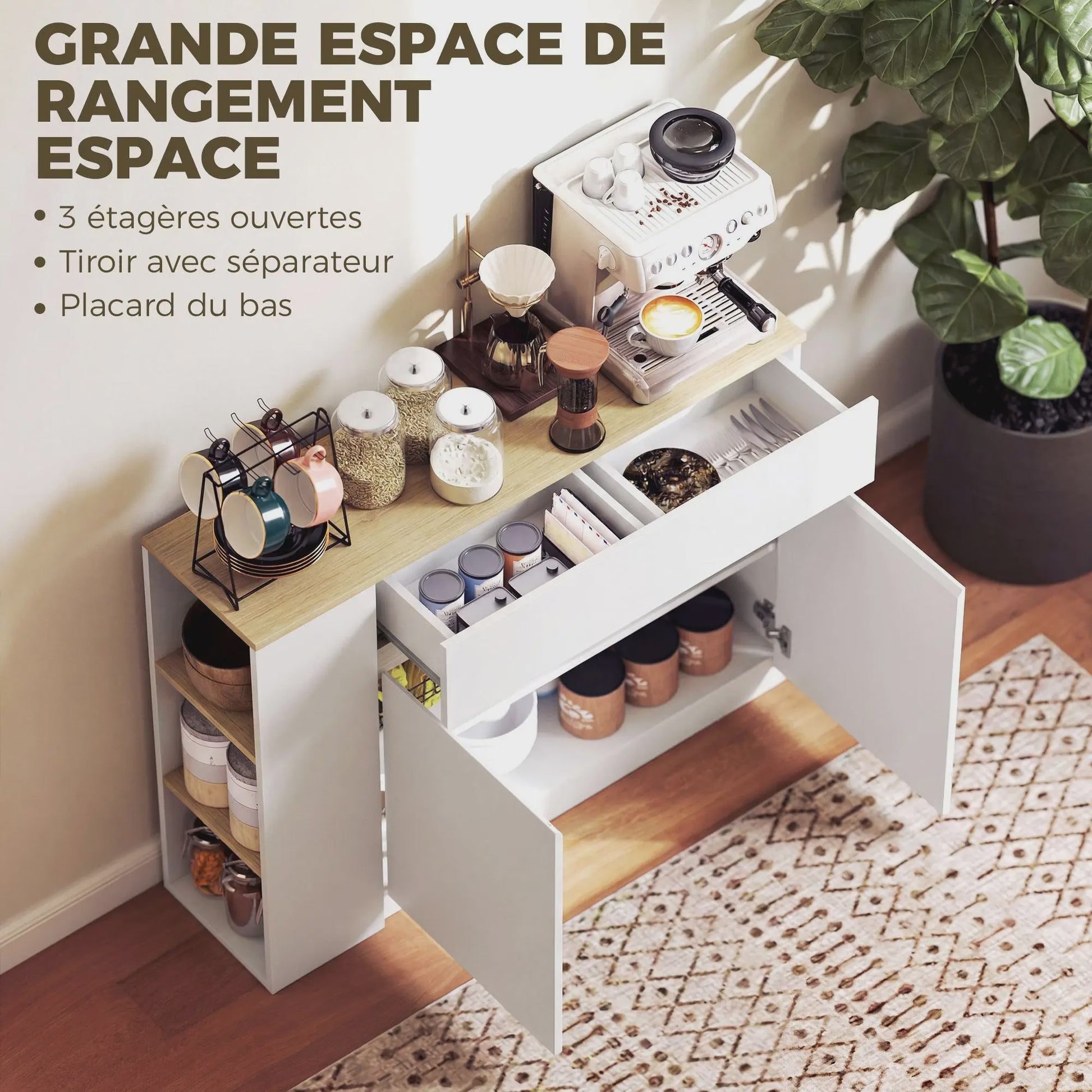 Stijlvol Wit Sideboard met 2 Deuren, 1 Lade en 3 Open Planken - 110 cm Breed