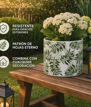 Decoratieve Keramische Bloempot met Groene Bladeren Print - 13x12cm Cilindrisch - Modern & Veelzijdig