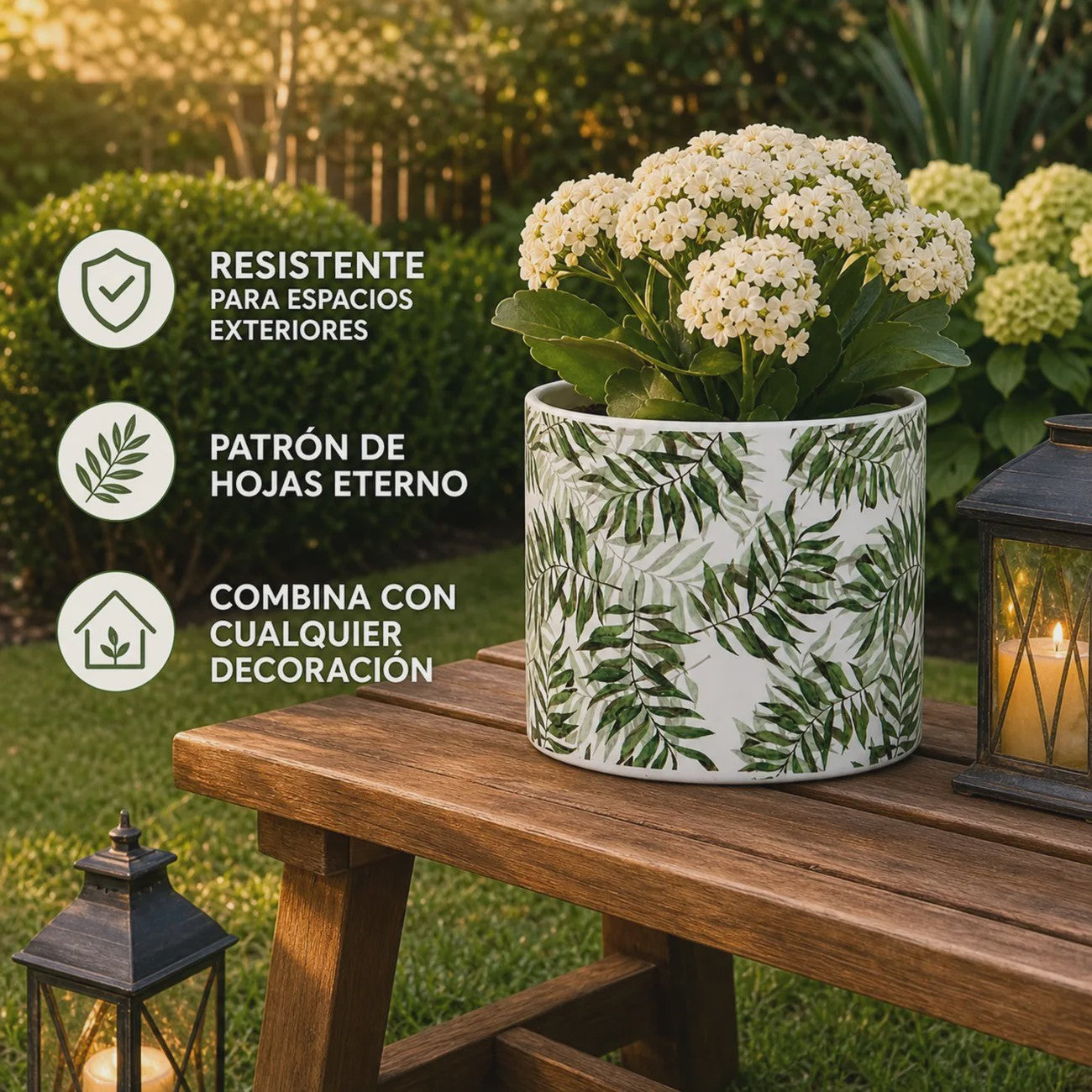 Decoratieve Keramische Bloempot met Groene Bladeren Print - 13x12cm Cilindrisch - Modern & Veelzijdig