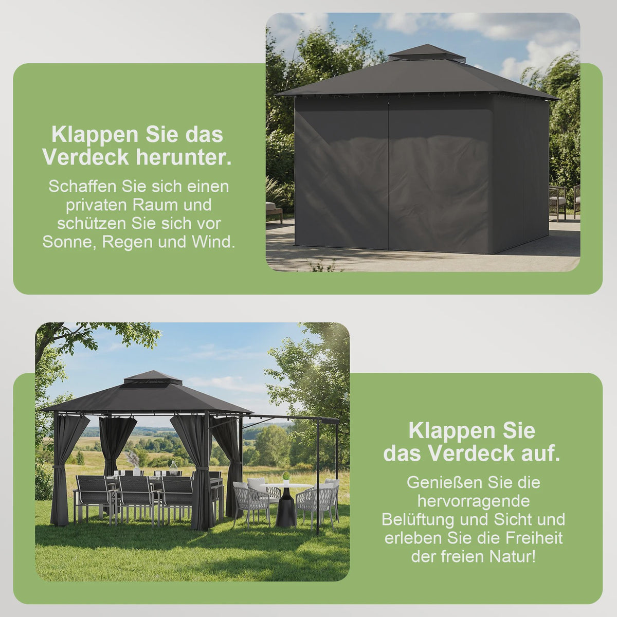 Luxe Tuinpaviljoen met Uitschuifbare Zijluifel, Dubbel Dak & Muggennet