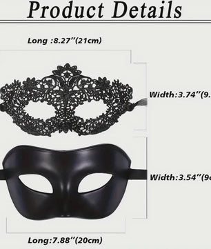 Set van 2 Elegante Zwarte Kant Maskerade Maskers voor Koppels - Venetiaans, Mardi Gras, Halloween
