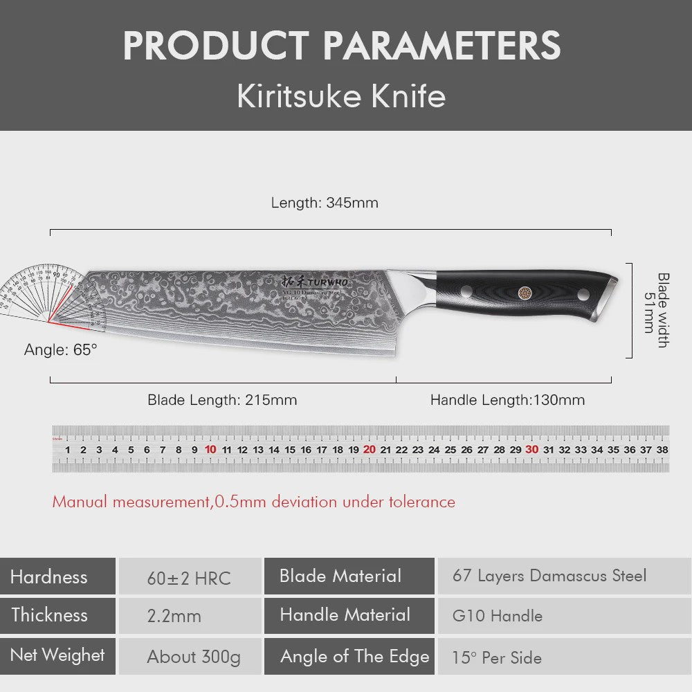 TURWHO 8.5-inch Kiritsuke Koksmes - 67 Lagen Damascus Staal