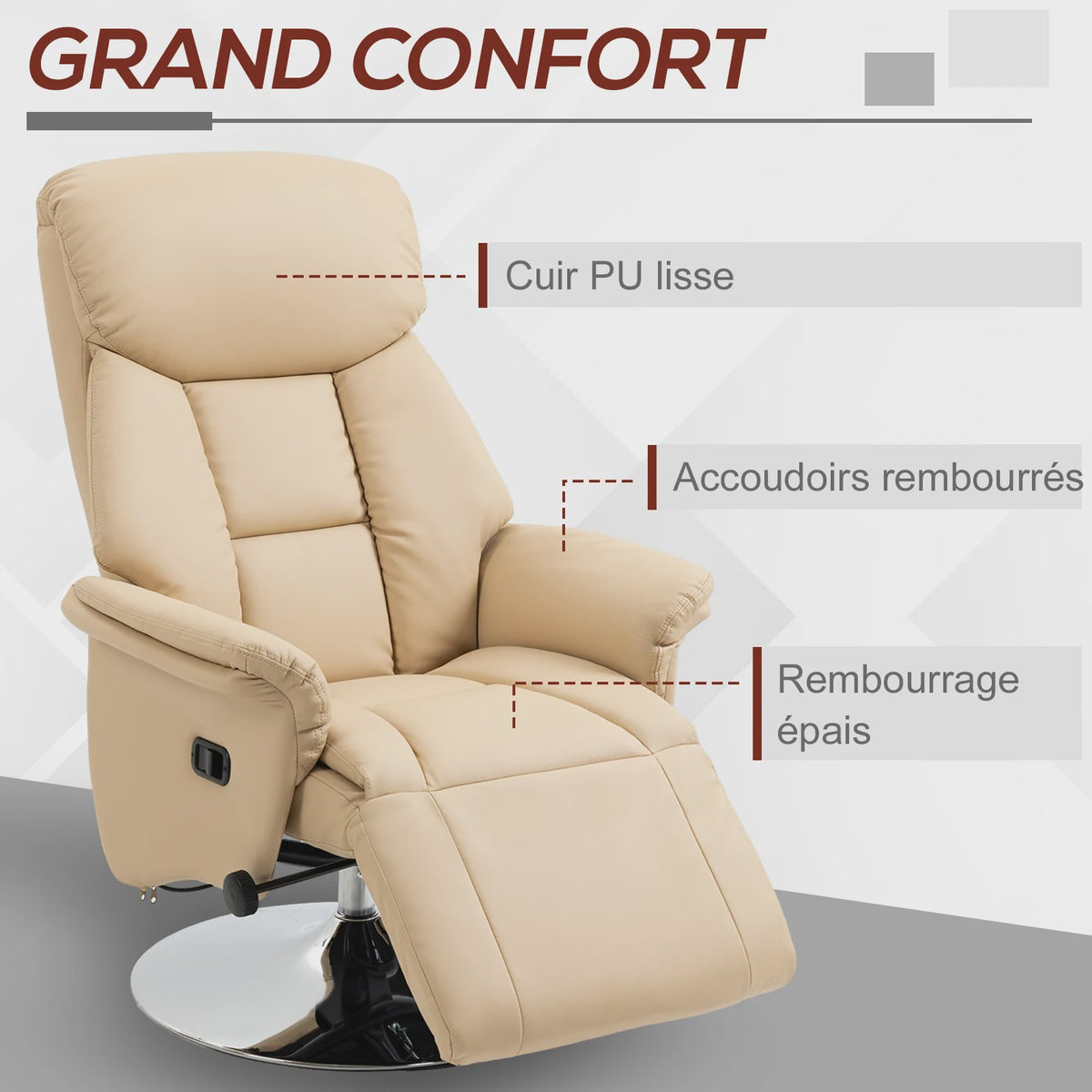 HOMCOM Armchair relaxation relax Living Room relaxation Armchair Pivoting foot-rest Adjustable Armrests, chair TV in Synthetic leather, Up to kg, for Living Room, bedroom, home cinema, beige