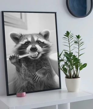 Grappige Zwart-Wit Canvas Poster: Schattige Dieren Poetsen Tanden - Muurdecoratie