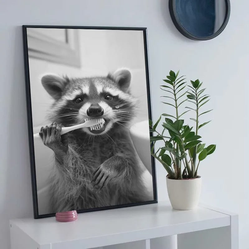 Grappige Zwart-Wit Canvas Poster: Schattige Dieren Poetsen Tanden - Muurdecoratie