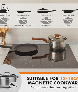 NOXTON 60cm Inbouw Inductie Kookplaat - 4 Zones, Touch Control, Veiligheidsslot & Timer - Zwart