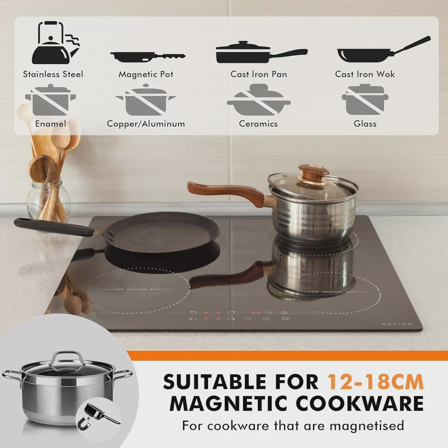 NOXTON 60cm Inbouw Inductie Kookplaat - 4 Zones, Touch Control, Veiligheidsslot & Timer - Zwart