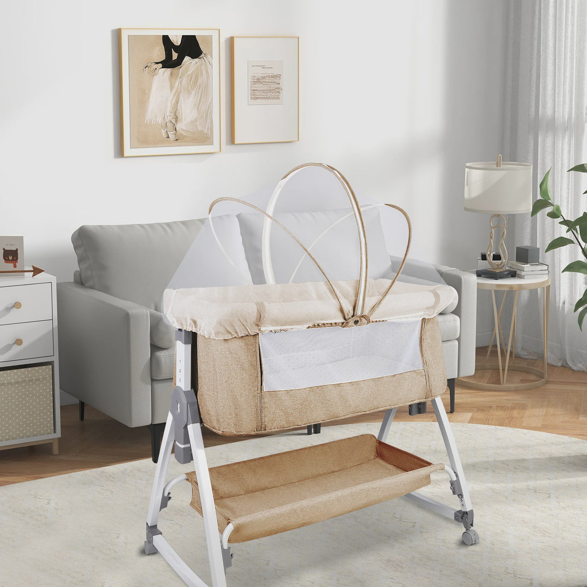 Baby Co-sleeper Wieg 2-in-1 met Wielen, 6 Hoogte-instellingen en Klamboe