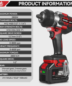 ONEVAN Brushless Elektrische Slagschroevendraaier 2800W - 2800 Nm, 1/2 Inch, Makita 18V Compatibel