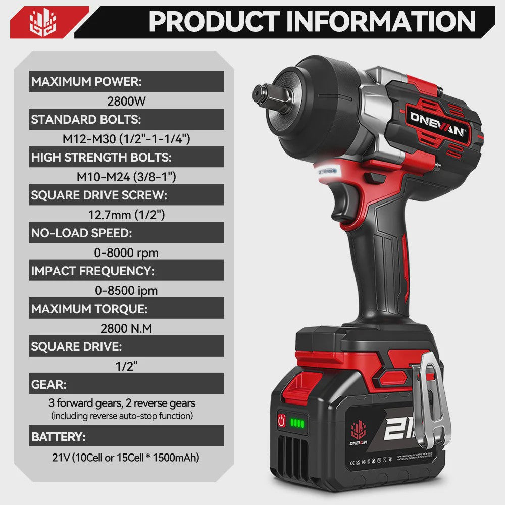 ONEVAN Brushless Elektrische Slagschroevendraaier 2800W - 2800 Nm, 1/2 Inch, Makita 18V Compatibel