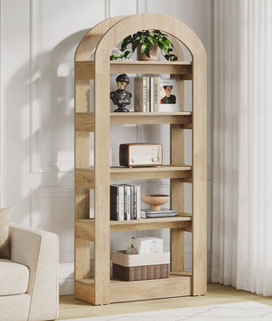 Houten Boekenkast met 5 Bogen - 71.6 Inch Hoge Staande Opbergkast in Teak Kleur