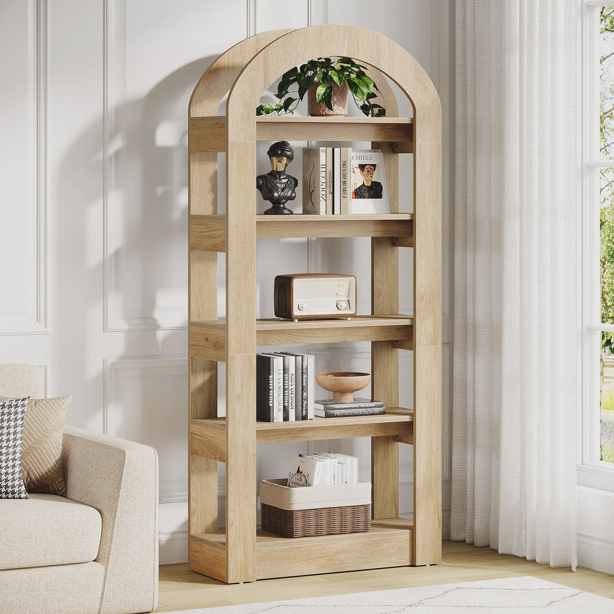 Houten Boekenkast met 5 Bogen - 71.6 Inch Hoge Staande Opbergkast in Teak Kleur