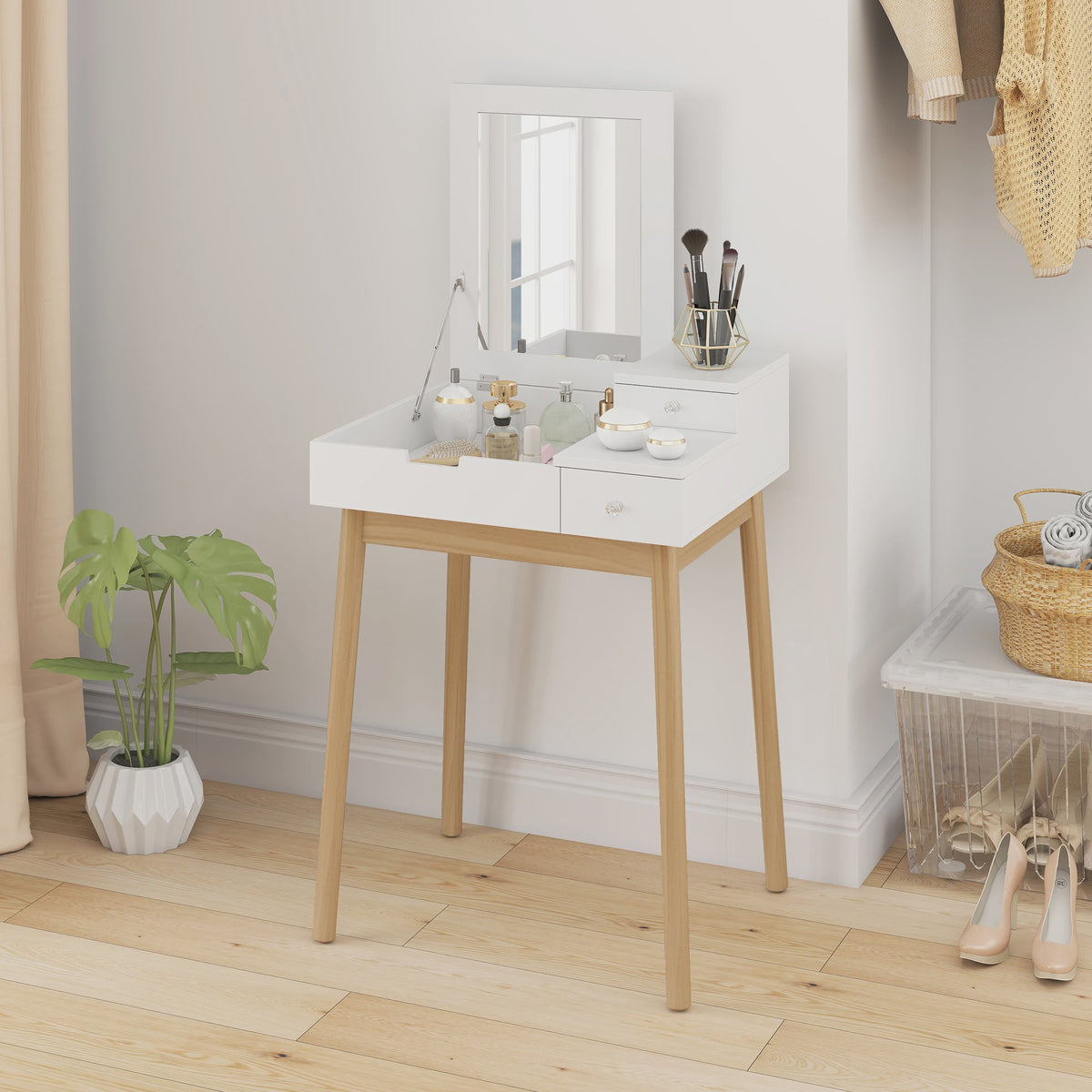HOMCOM Kaptafel met Spiegel en 2 Lades - Modern Wit Design voor Slaapkamer of Woonkamer