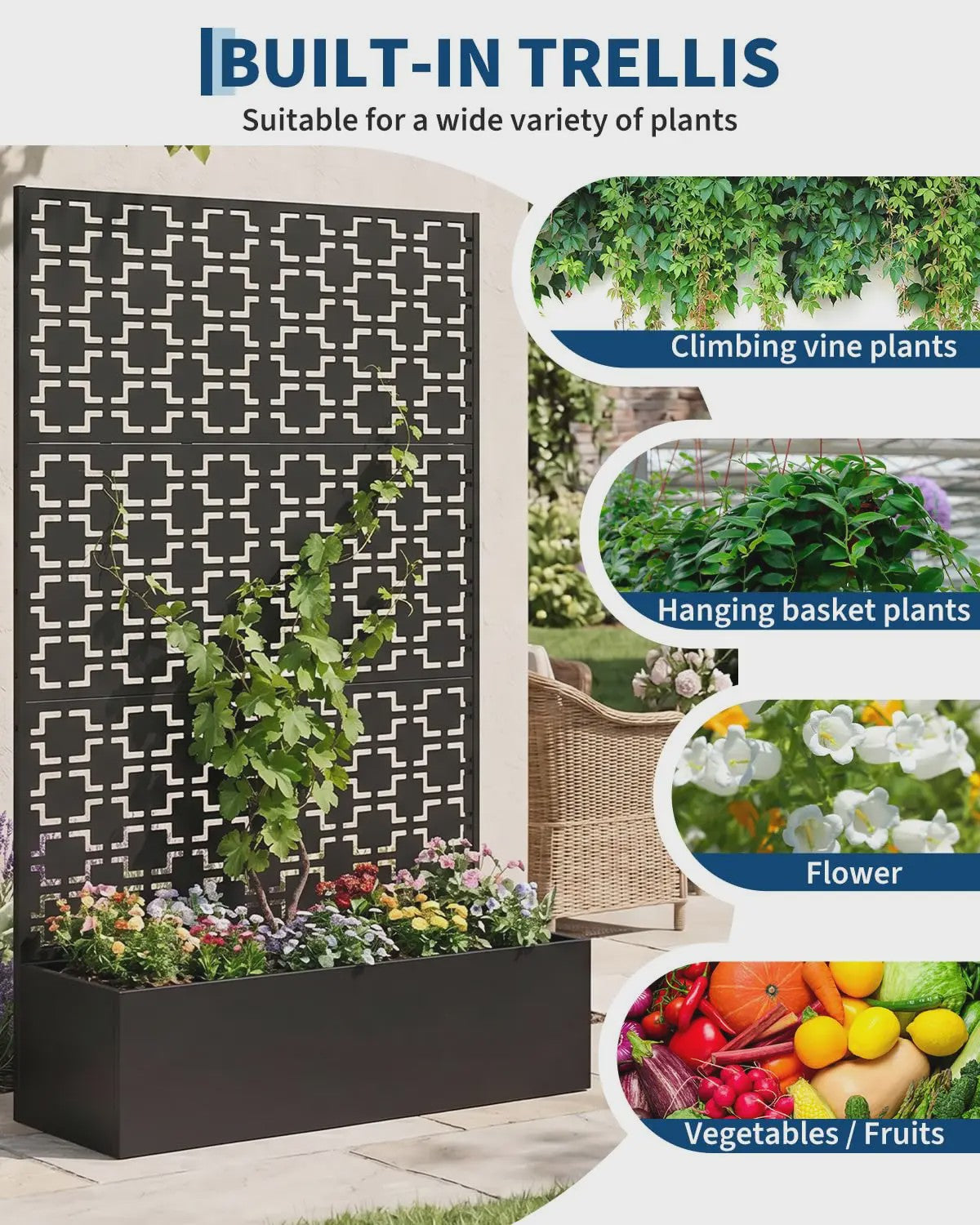 Metalen Plantenbak met Geometrisch Trellis Scherm - 180 cm Hoog