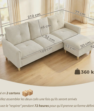 HOMCOM 3-zits bank met opbergpouf - Verstelbare hoek, brede zitting, linnenlook stof, crème