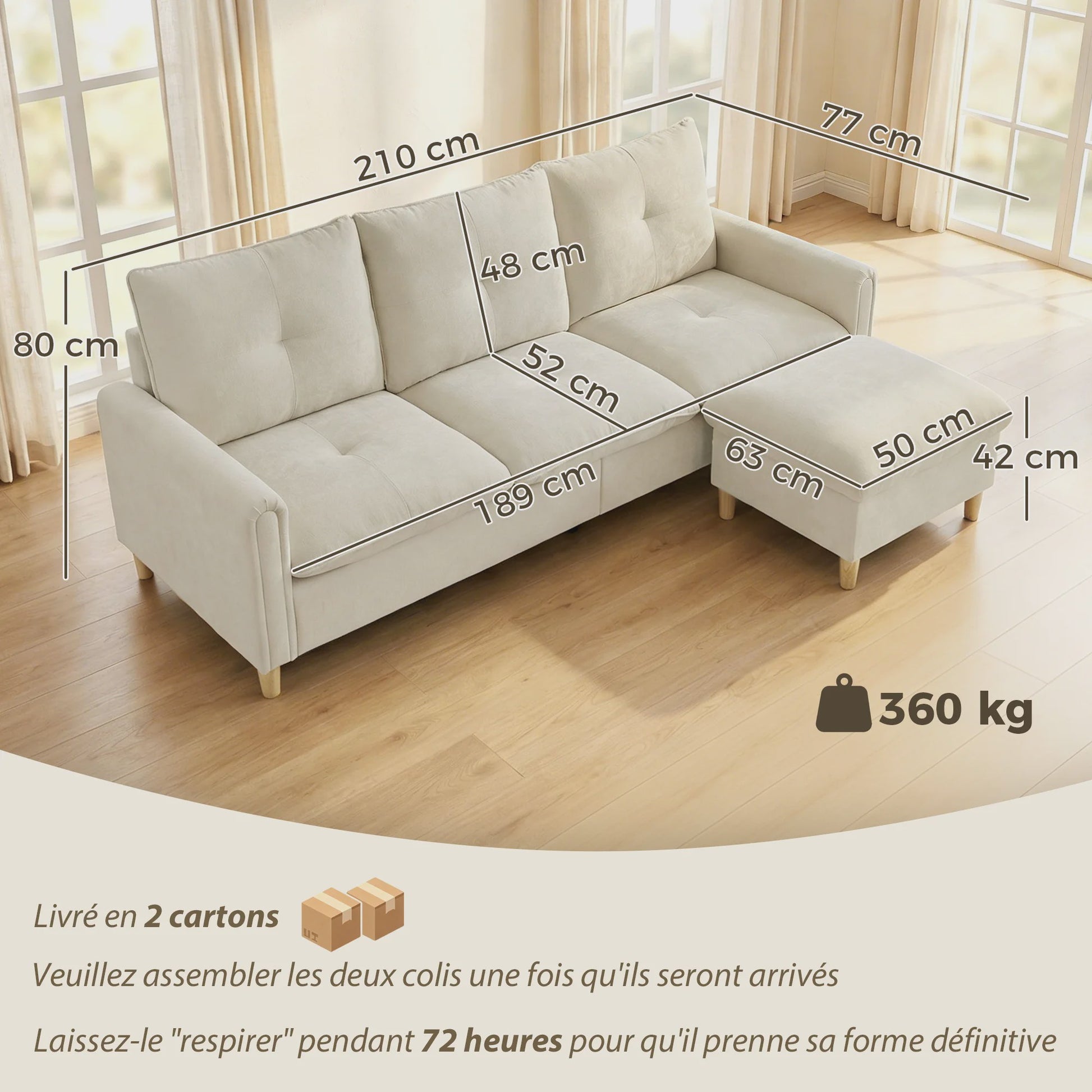 HOMCOM 3-zits bank met opbergpouf - Verstelbare hoek, brede zitting, linnenlook stof, crème