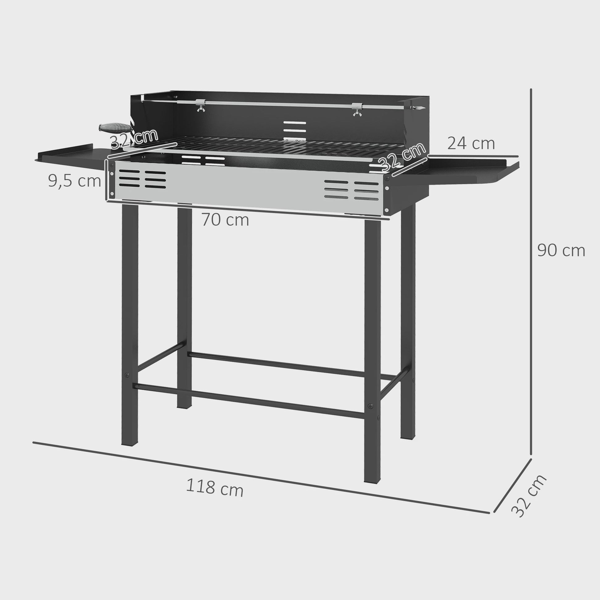 Outsunny Kolen BBQ met 3-traps Grillrooster, Inklapbare Zijtafels en Rotisserie - 118x32x90 cm Zwart