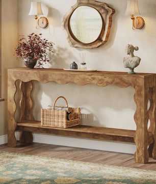 Lange Houten Console Tafel 160cm met Scalloped Rand en Opbergplank - Rustiek Modern Design