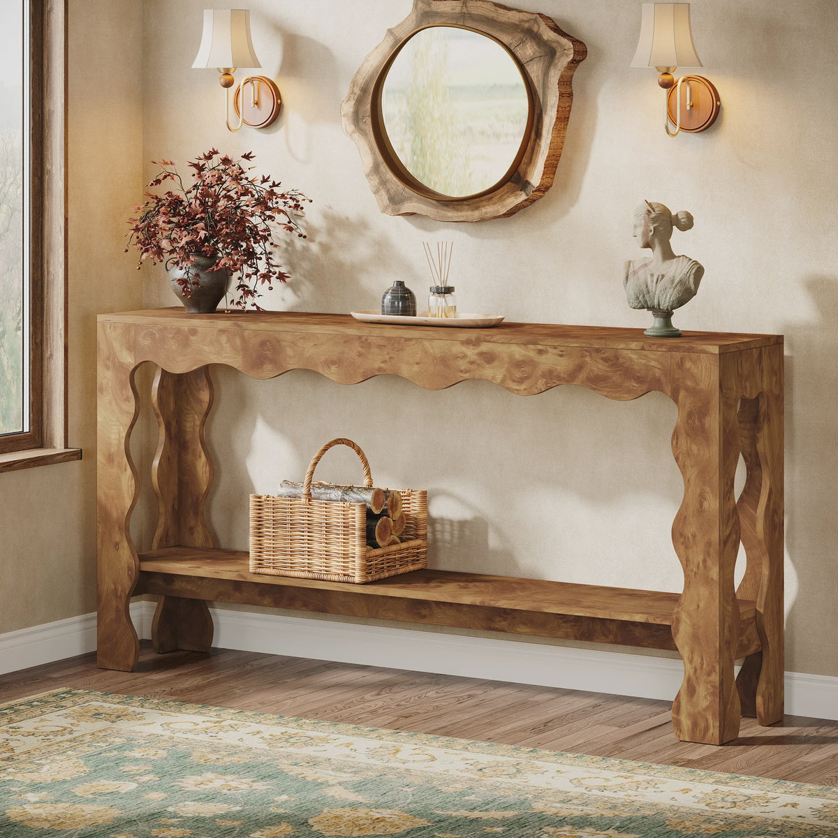 Lange Houten Console Tafel 160cm met Scalloped Rand en Opbergplank - Rustiek Modern Design