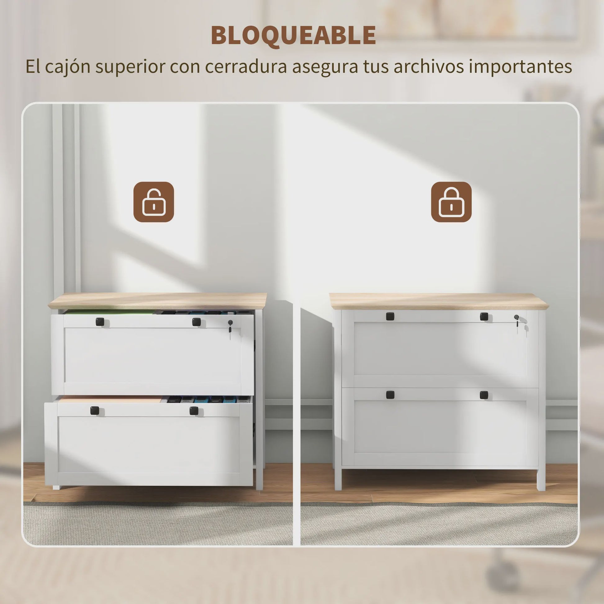 Homcom Archiefkast met 2 Lades, Hangmappen en Slot - Oak/Wit - 79x40x72 cm