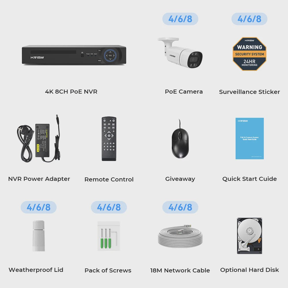 H.View 4K/8MP PoE Beveiligingscamera Systeem met 8-Kanaals NVR & Audio