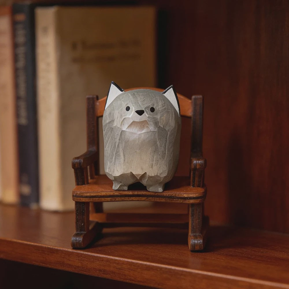 Handgemaakte Houten Mini Wolf Beeldje - Schattig Dieren Decoratie voor Bureau