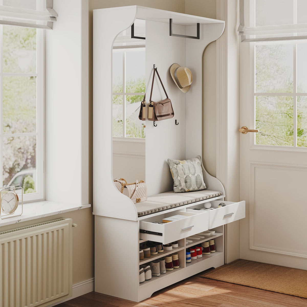 Witte Kapstok met Spiegel, Schoenenkast, Lades en Open Vakken - Multifunctioneel Entree Meubel