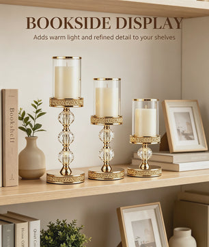 Luxe Gouden Kandelaars Set (3 stuks) met Kristal en Glas - Sfeervolle Decoratie