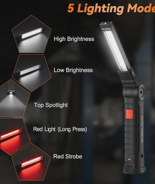 360° Draaibare LED Werklamp met 5 Modi, USB Oplaadbaar, Magneetvoet & Haak