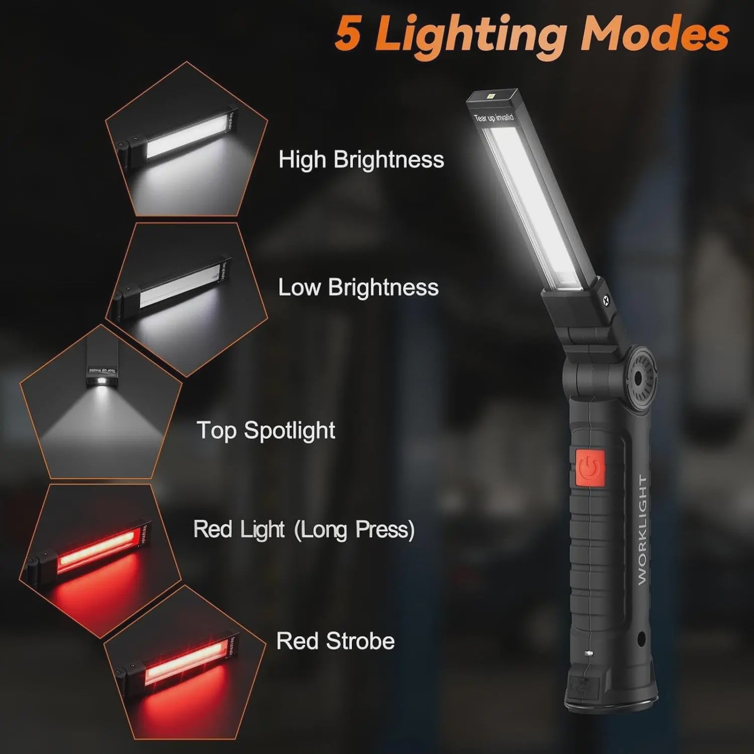 360° Draaibare LED Werklamp met 5 Modi, USB Oplaadbaar, Magneetvoet & Haak
