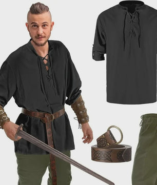 Herencostuum Middeleeuwse Piraat/Viking - Renaissance Set met Shirt, Broek, Riem & Armboeien