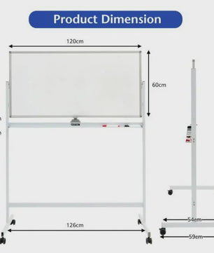 Mobiel Dubbelzijdig Magnetisch Whiteboard met Wieltjes, Pennen & Gum - 120x60cm